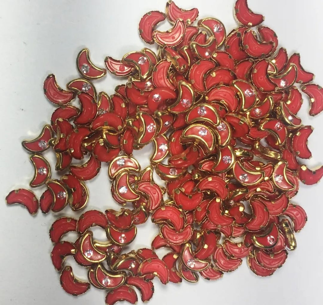 Coloured Pearl Kundan Stone (Flat Back Framed) - Cresent Shape with stone  RED Color