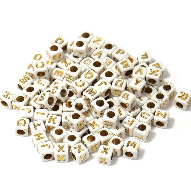 Bracelet Beads- Square White With Gold Aplhabets