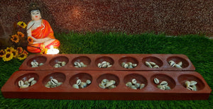 Pallanguzhi (Ancient Game) – Flat Model Wooden Pallanguzhi -  Wooden Board Game With Cowrie shells 75 pieces