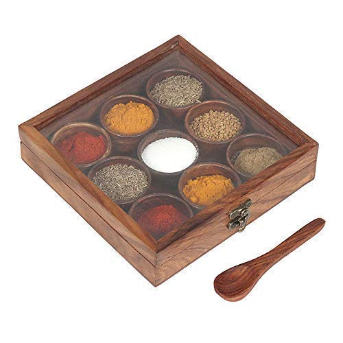 Wooden Masala Box for Kitchen Set 9 Partitions.