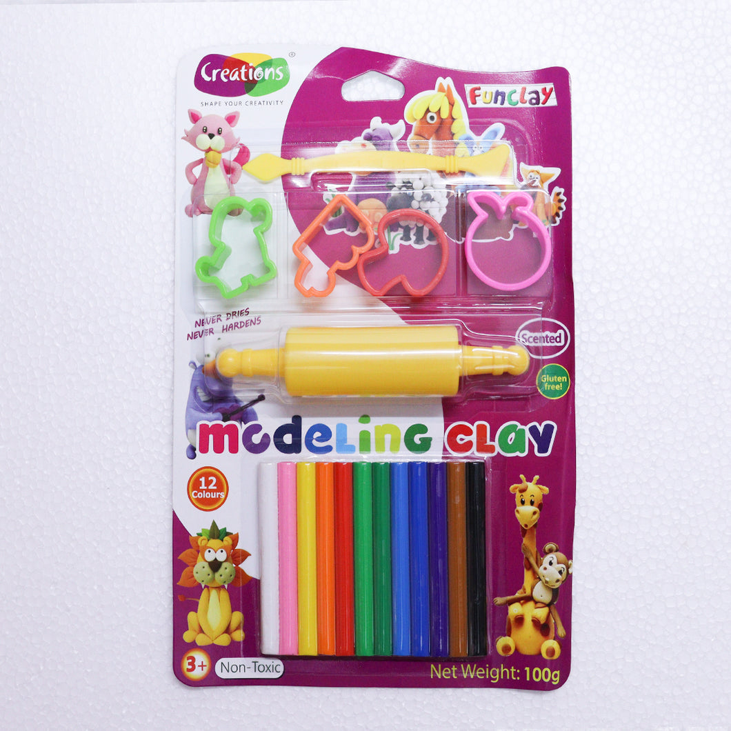 Creations Fun Clay Pack (12 Shades+4 Moulds+1 Roller+1 Plastic Knife)