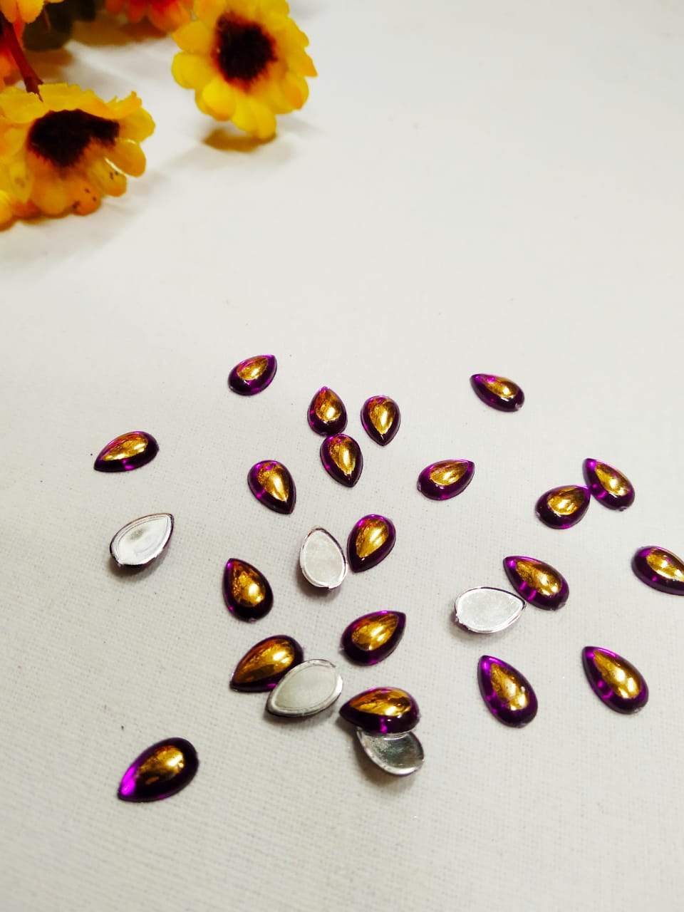 Double Color Kundan Stone Thilak Shape 8X5 - Purple & Gold Stones