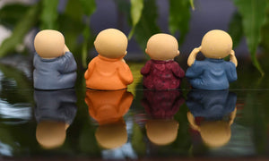 Collectible India Set Of 4 Miniature Buddha Monk Figurines Showpiece - Cute Mini Idol Statue For Car