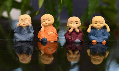 Collectible India Set Of 4 Miniature Buddha Monk Figurines Showpiece - Cute Mini Idol Statue For Car