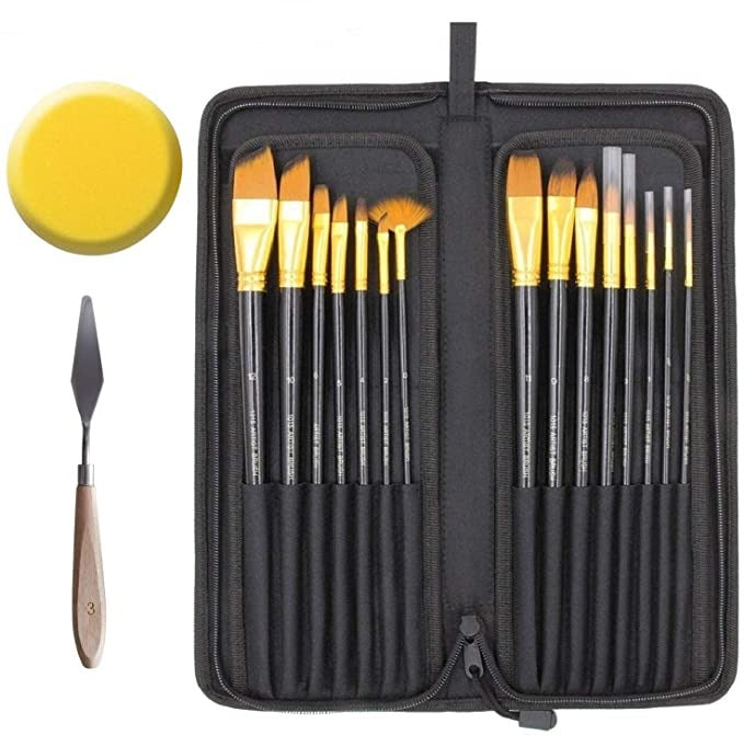 15 Pcs Paint Brush Set Includes Pop-up Carrying Case with Palette Art Knife and 1 Sponge