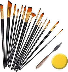 15 Pcs Paint Brush Set Includes Pop-up Carrying Case with Palette Art Knife and 1 Sponge